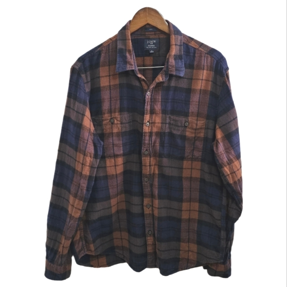 J.Crew flannel 90s grunge plaid slim orange blue long sleeve button shir…
